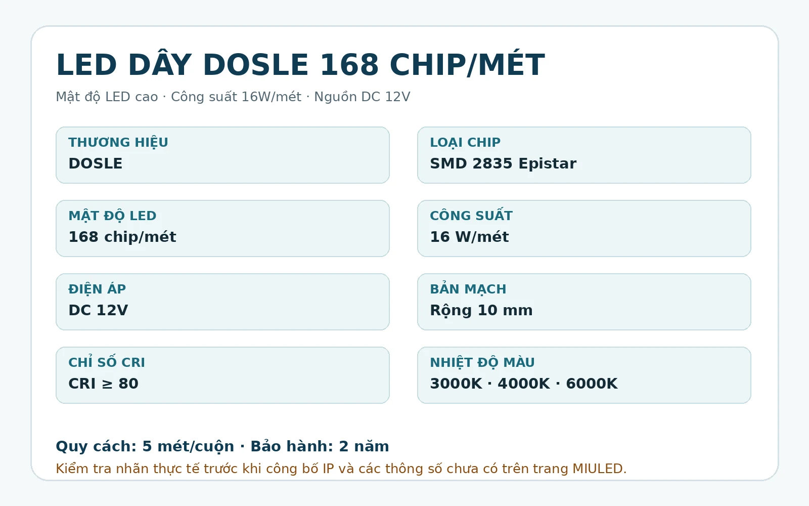 Thông số LED dây DOSLE 168 chip/mét 12V 16W SMD 2835