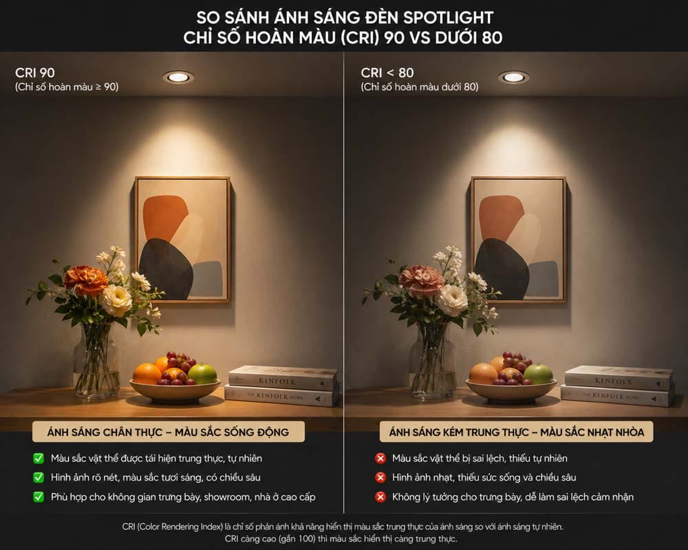 Đèn spotlight với chỉ số hoàn màu cao sẽ tạo ra ánh sáng chân thực