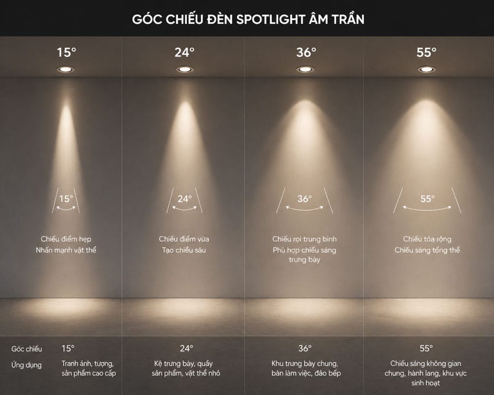 so sánh các góc chiếu của đèn Spotlight với hiệu ứng ánh sáng khác nhau