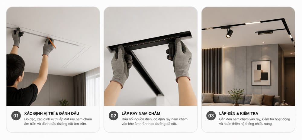 cách lắp đặt hệ đèn ray nam châm âm trần