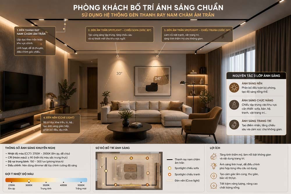 phòng khách bố trí ánh sáng chuẩn sử dụng hệ thống thanh ray nam châm âm trần