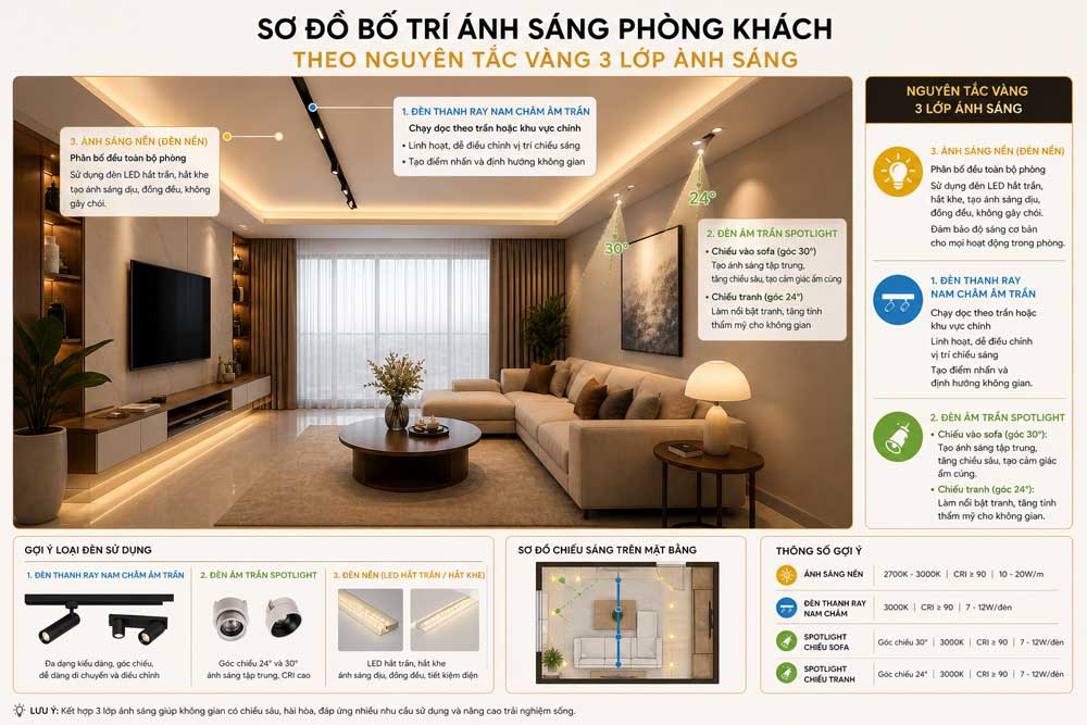 sơ đồ bố trí ánh sang phòng khách chuẩn 5 sao, giúp không gian tinh tế và cao cấp hơn