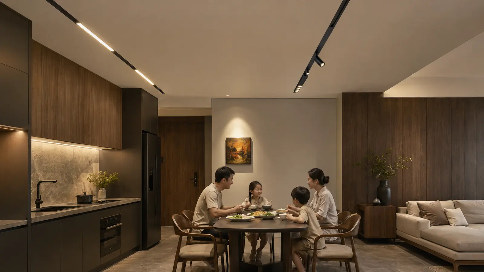 Hệ đèn ray nam châm âm trần chiếu sáng khu vực bếp và bàn ăn gia đình