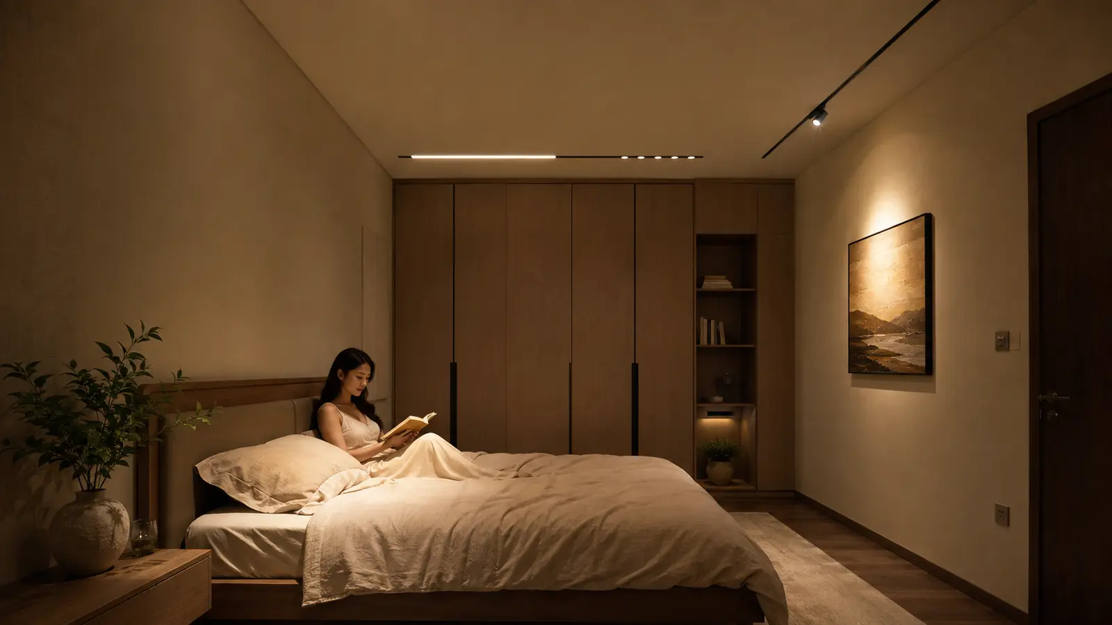 Đèn ray nam châm âm trần ánh sáng ấm trong phòng ngủ hiện đại