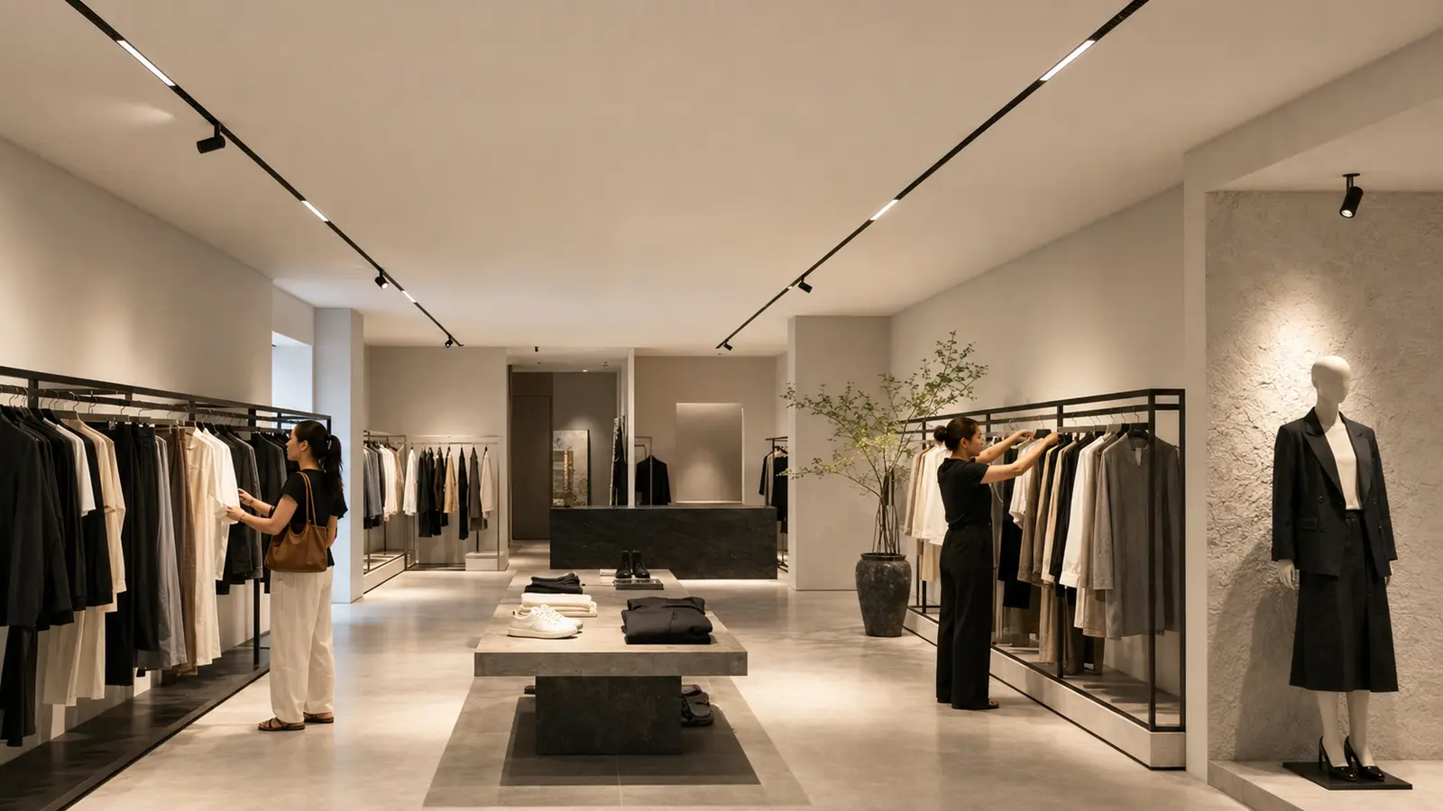 Đèn ray nam châm âm trần chiếu sáng quần áo trong showroom thời trang