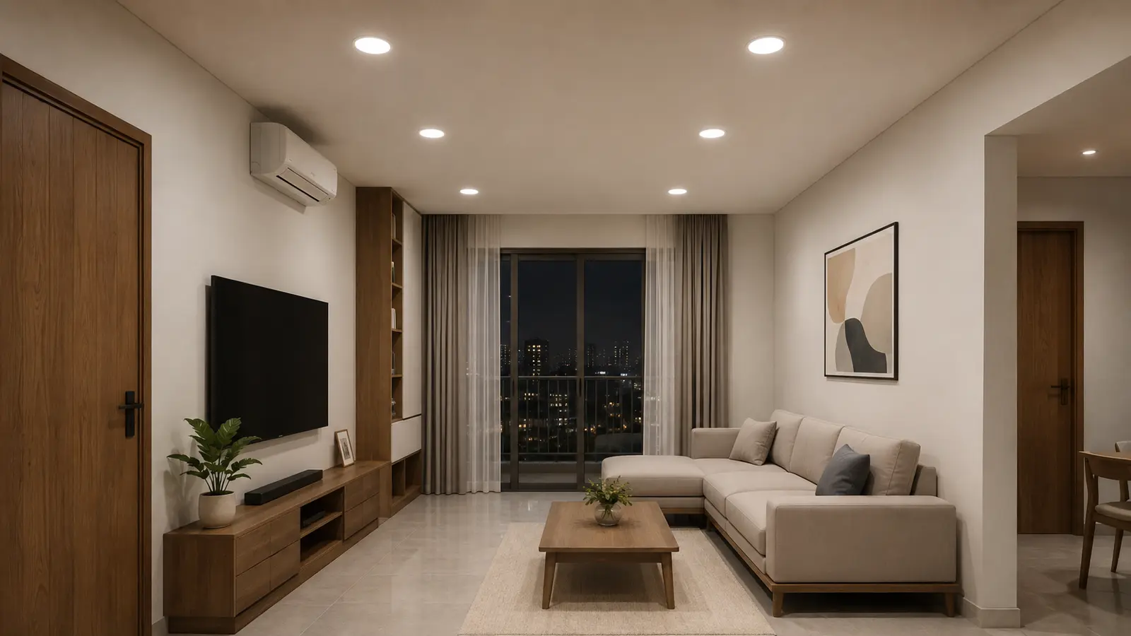 Phòng khách 20 mét vuông bố trí 6 downlight tán quang theo hai hàng ba đèn