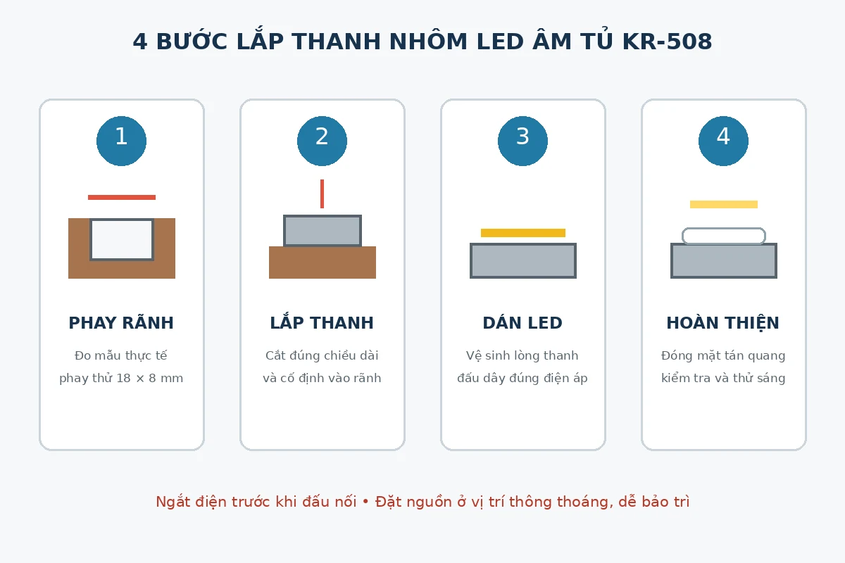 Sơ đồ bốn bước lắp đặt thanh nhôm LED âm tủ KR-508