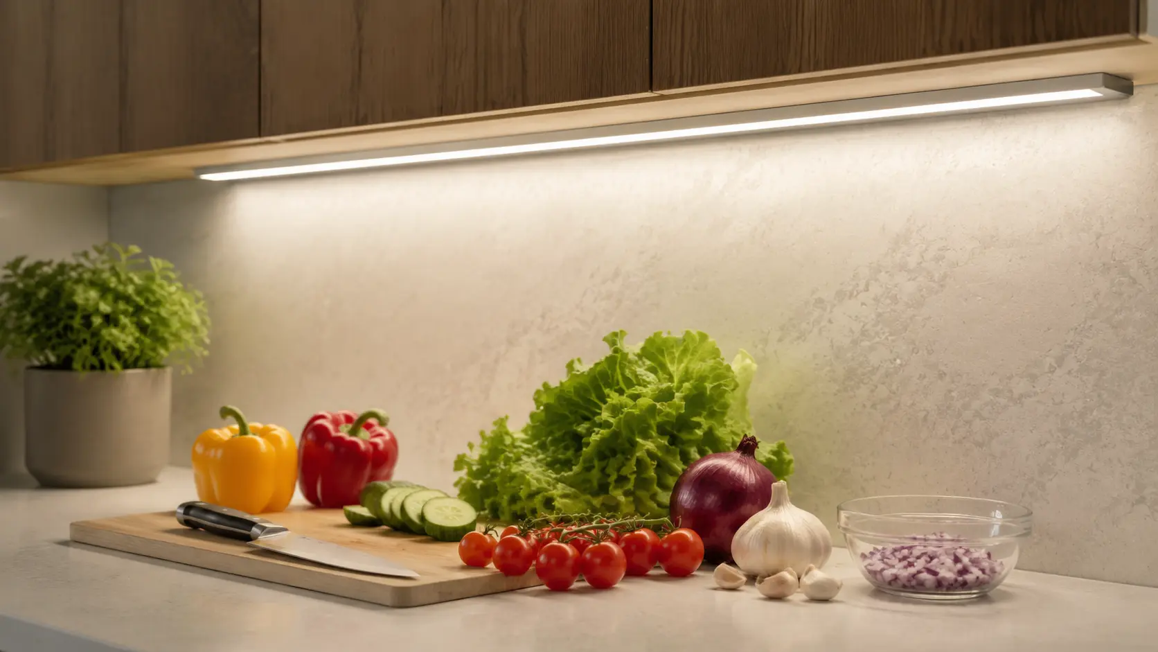 Ánh sáng LED 4000K chiếu đều rau củ trên mặt bàn bếp