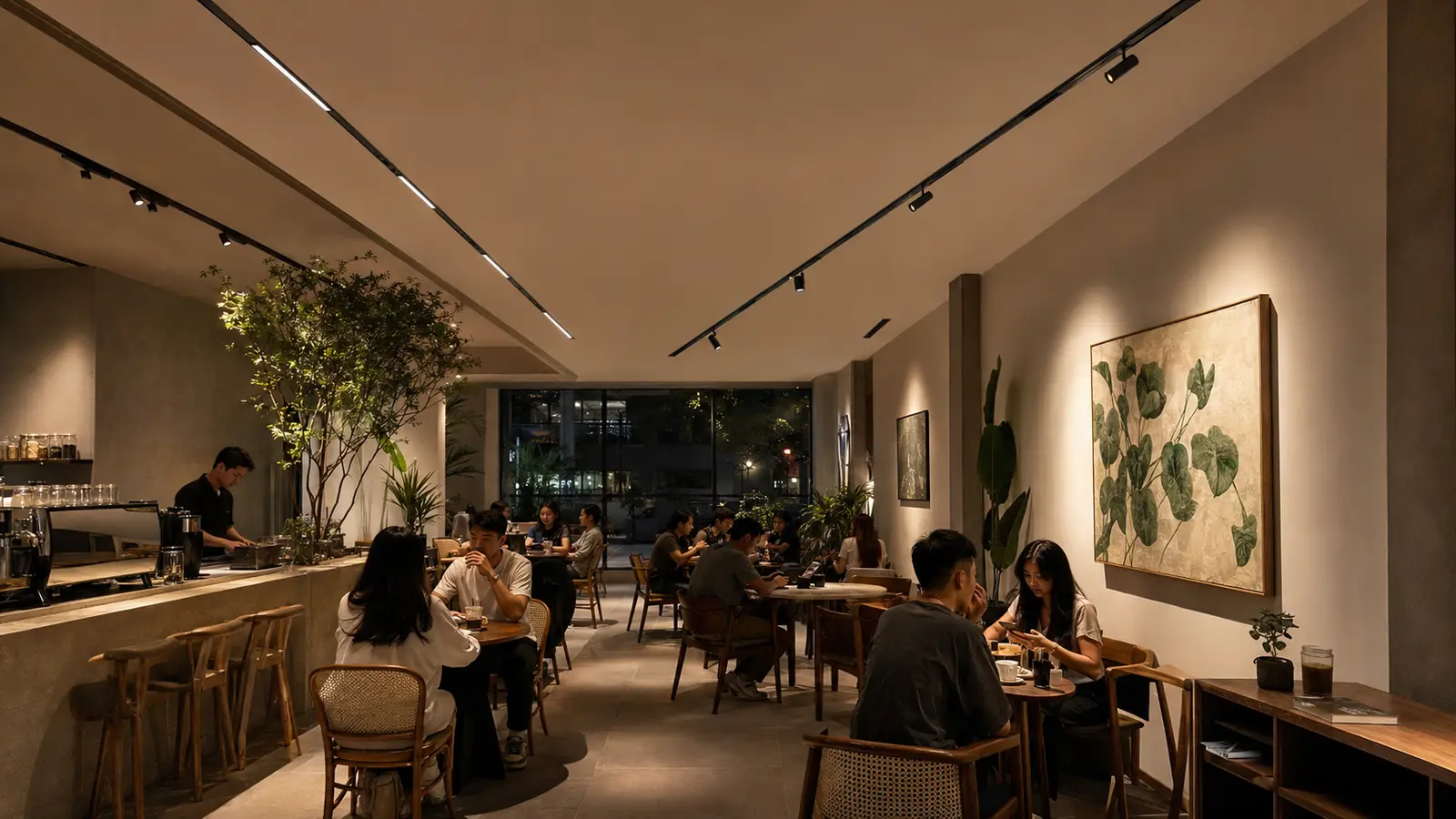 Đèn ray nam châm âm trần ánh sáng ấm trong quán cà phê hiện đại