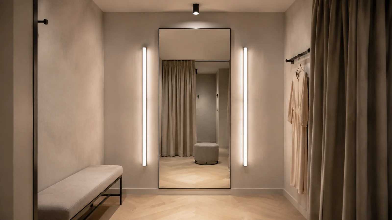 Phòng thử đồ showroom có đèn dọc hai bên gương và spotlight chống chói