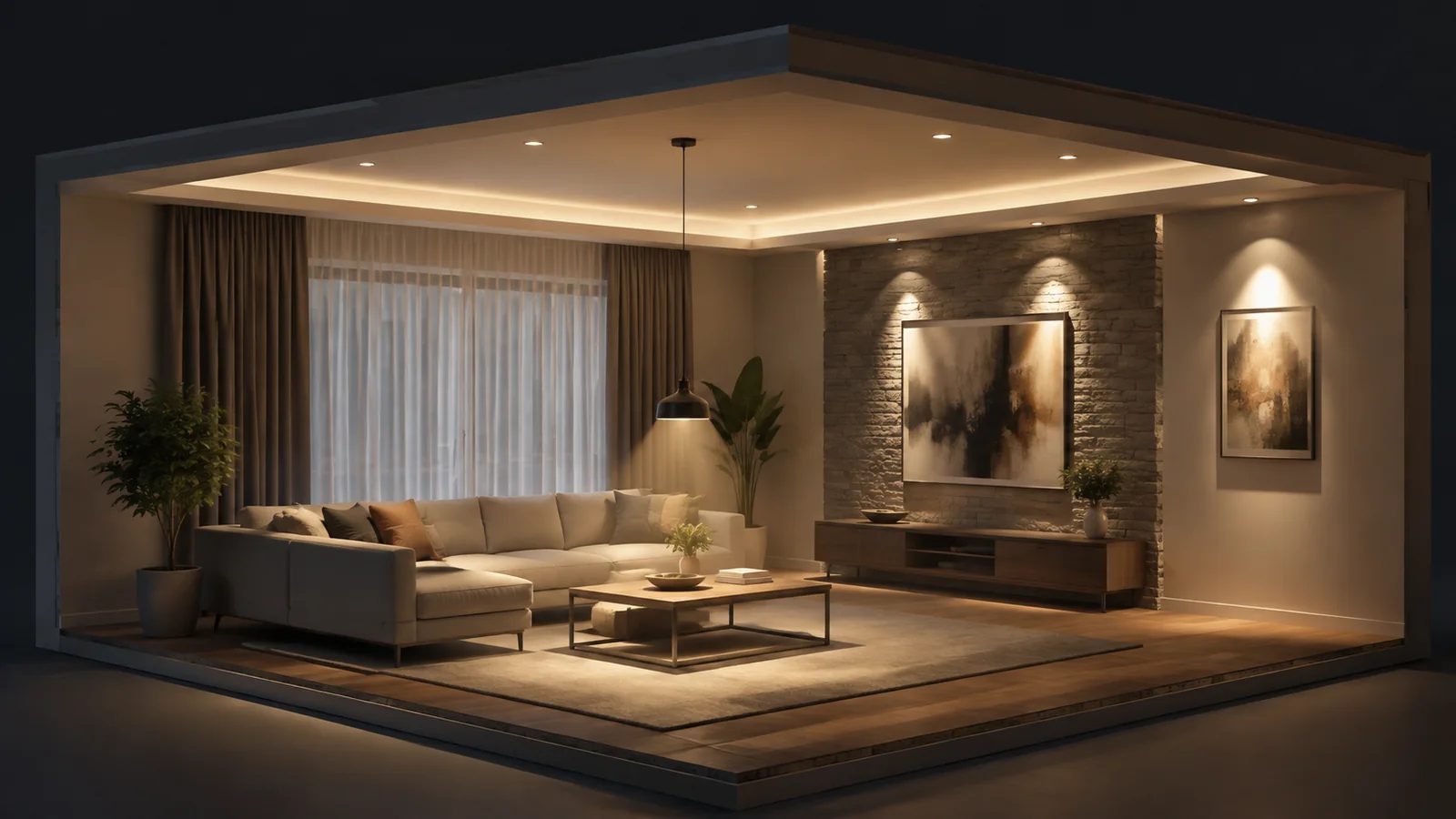 Ba lớp ánh sáng chung chức năng và điểm nhấn trong phòng khách