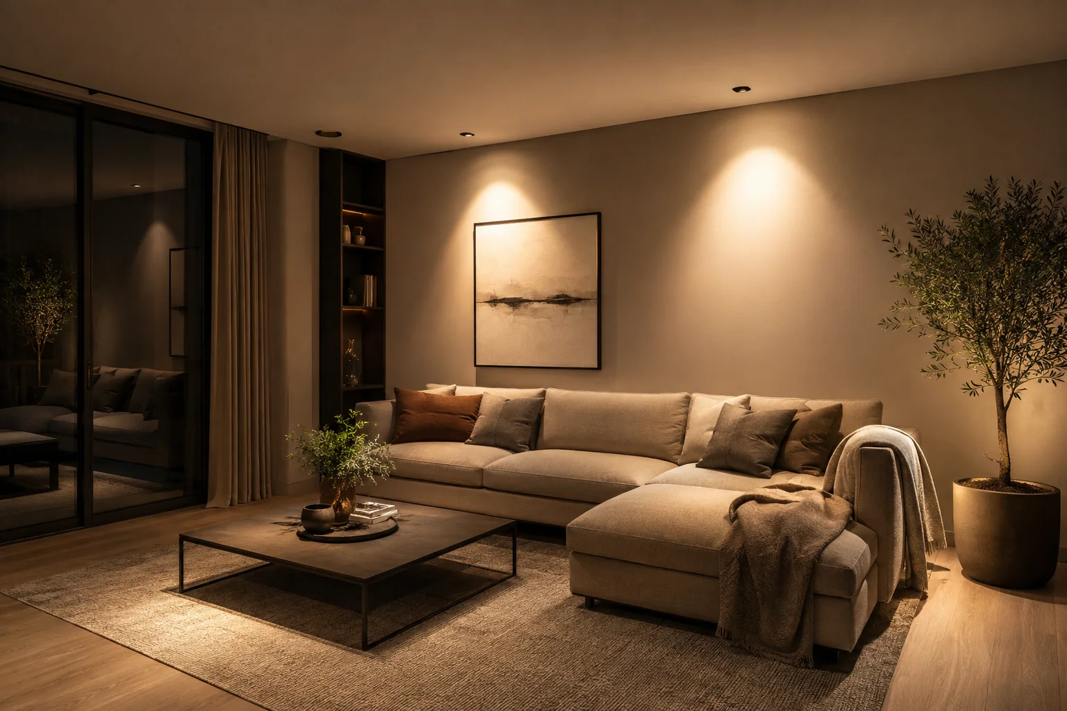 Bố trí đèn âm trần chiếu điểm cho sofa và bàn trà phòng khách