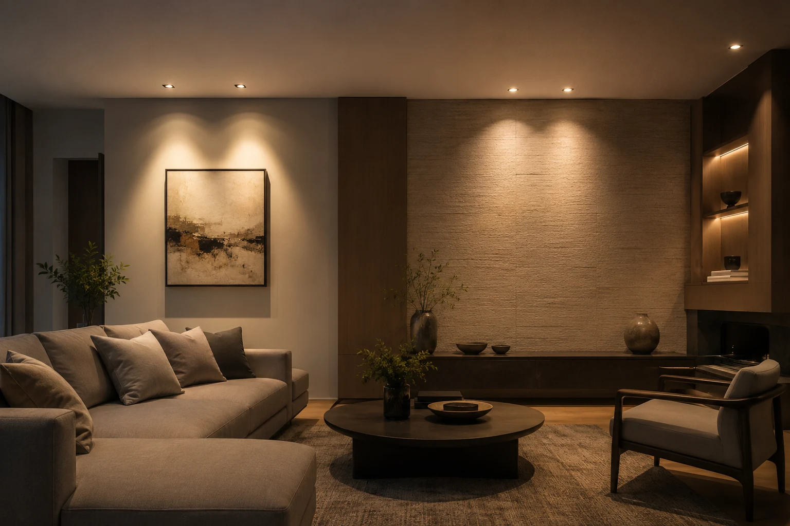 Bố trí đèn spotlight âm trần rọi tranh, mảng tường và bàn trà trong phòng khách