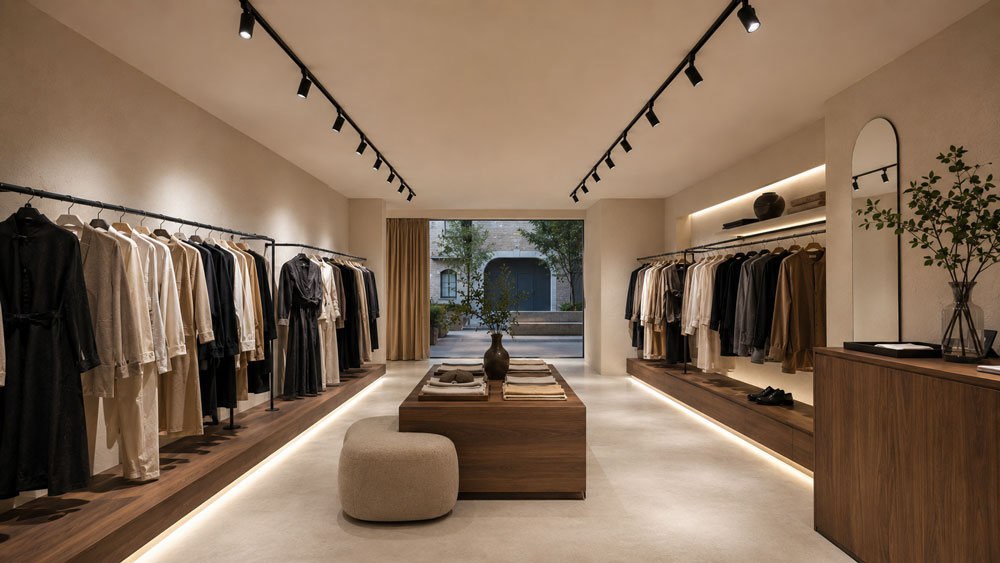 Hệ đèn Spotlight bố trí dọc hai bên showroom thời trang