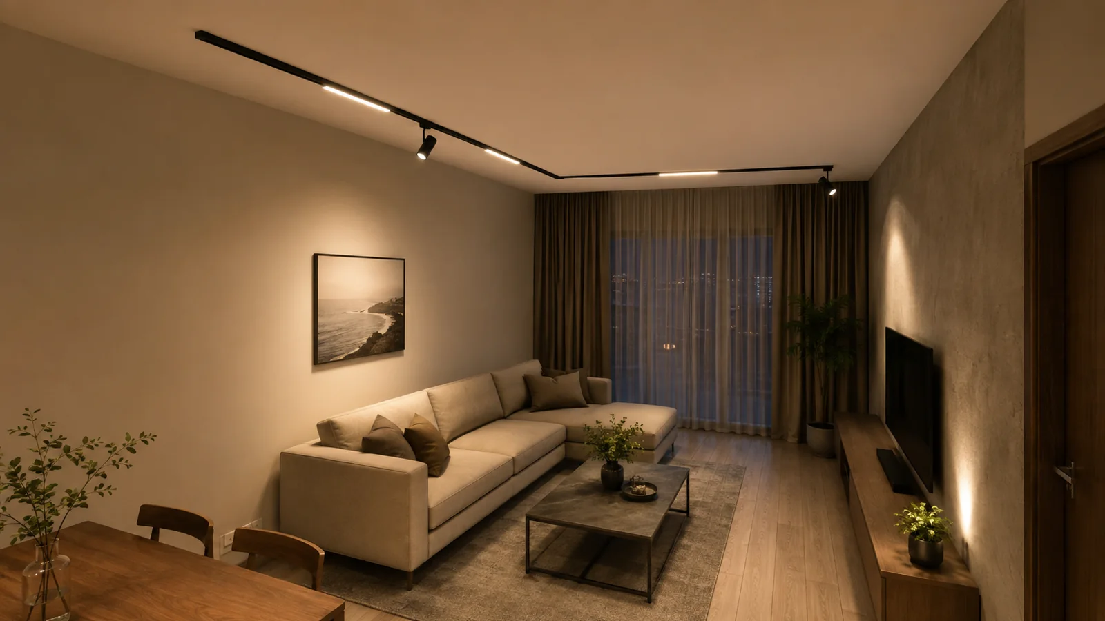 Bố trí ray nam châm chữ L cho phòng khách 20 m²