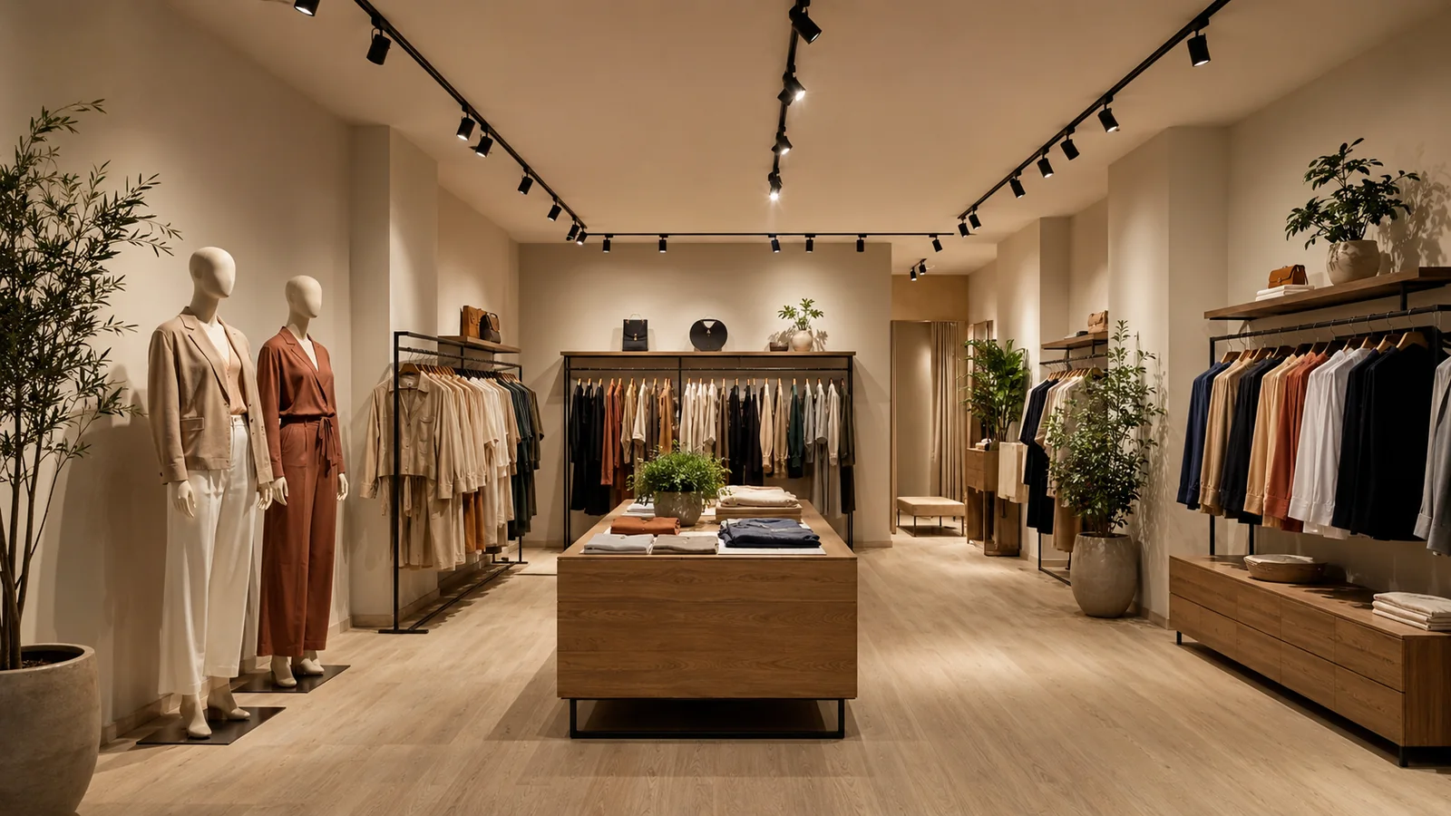 : Bố trí spotlight cho showroom thời trang với mannequin, giá treo và đảo trưng bày