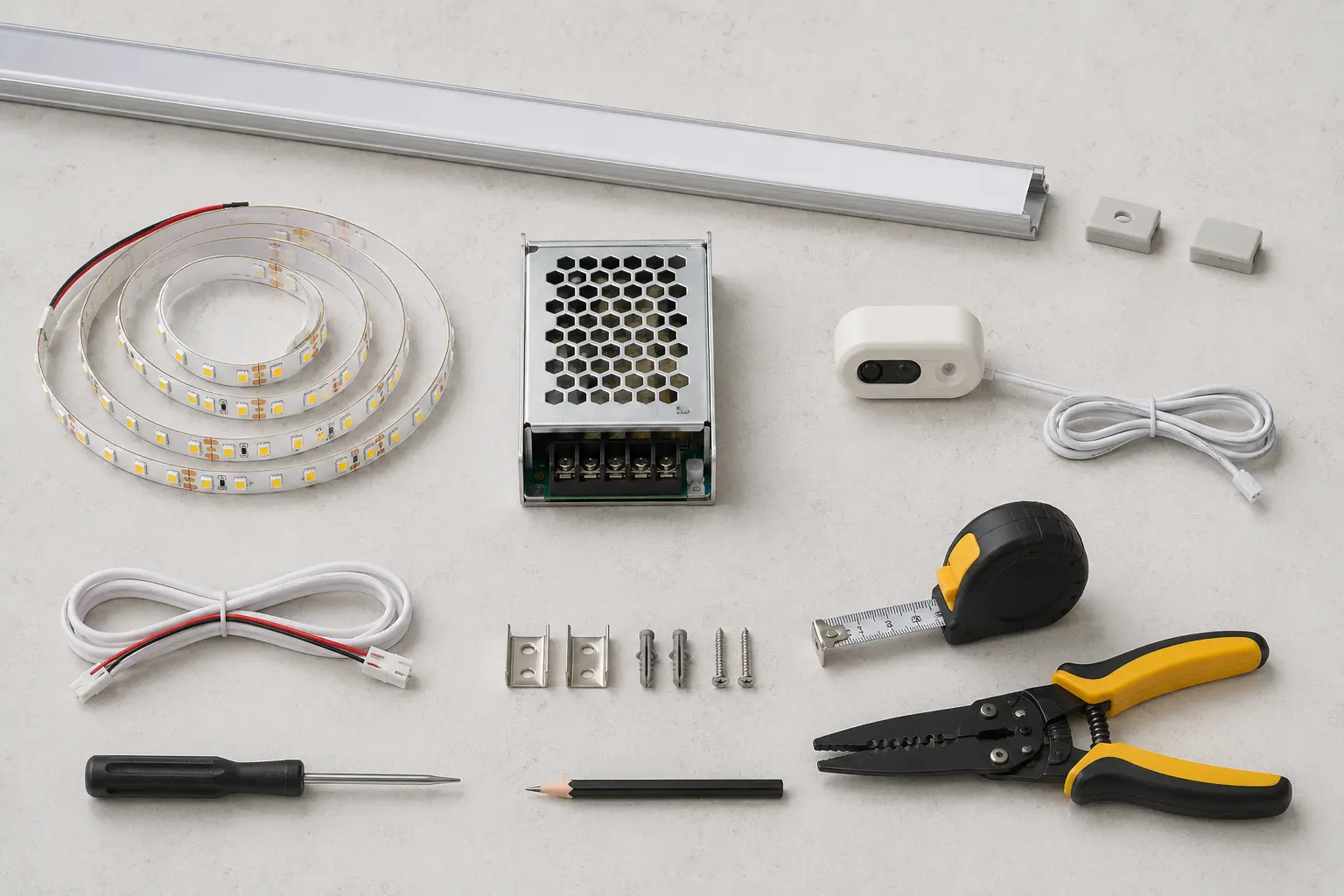 Bộ vật tư và công cụ lắp đèn LED thanh nhôm dưới tủ bếp