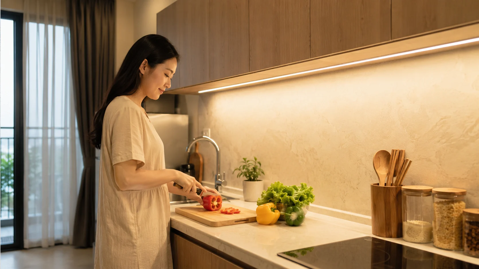 Người nội trợ sơ chế thực phẩm dưới ánh sáng LED tủ bếp phân bố đều, không bị bóng người