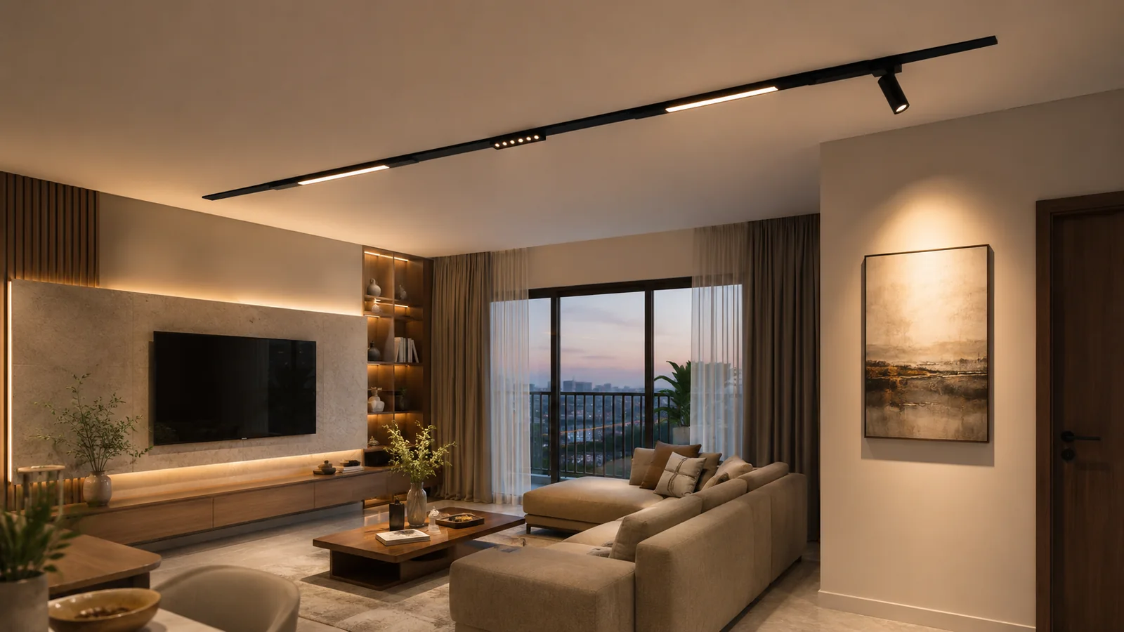 Cách phối đèn tán quang, tiêu điểm và spotlight trên ray nam châm phòng khách