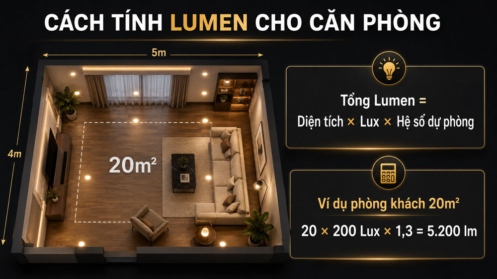 Cách tính tổng Lumen cần thiết cho căn phòng