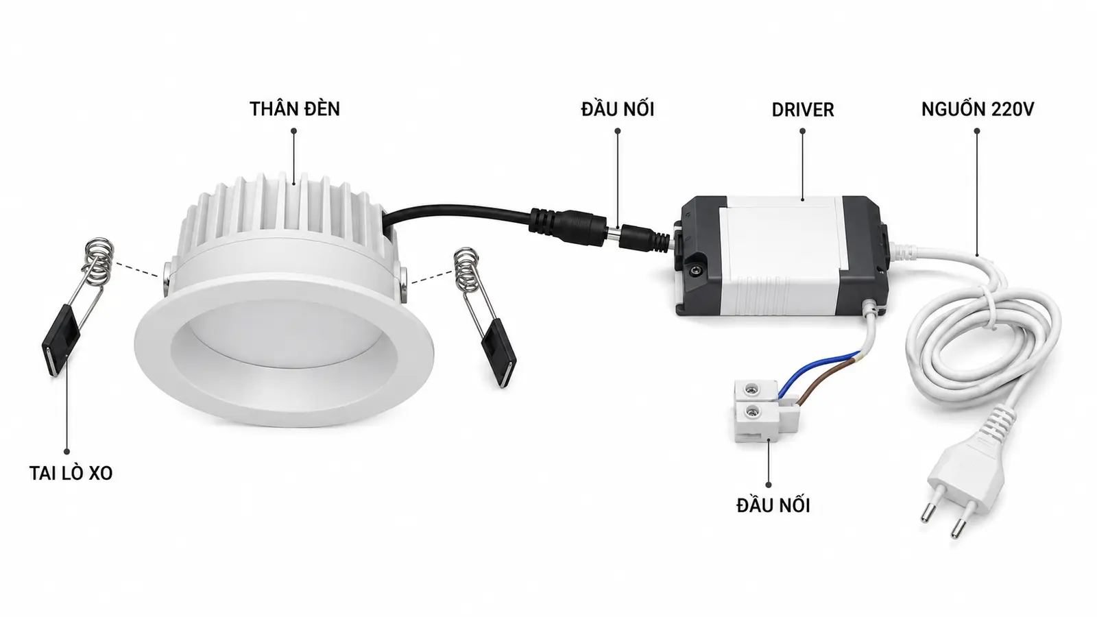 Cấu tạo đèn âm trần gồm thân đèn tai lò xo driver và đầu nối