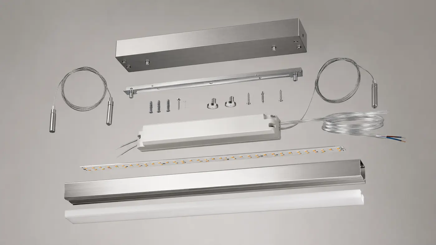 Cấu tạo đèn LED thả trần gồm thân đèn, nguồn, cáp treo và canopy