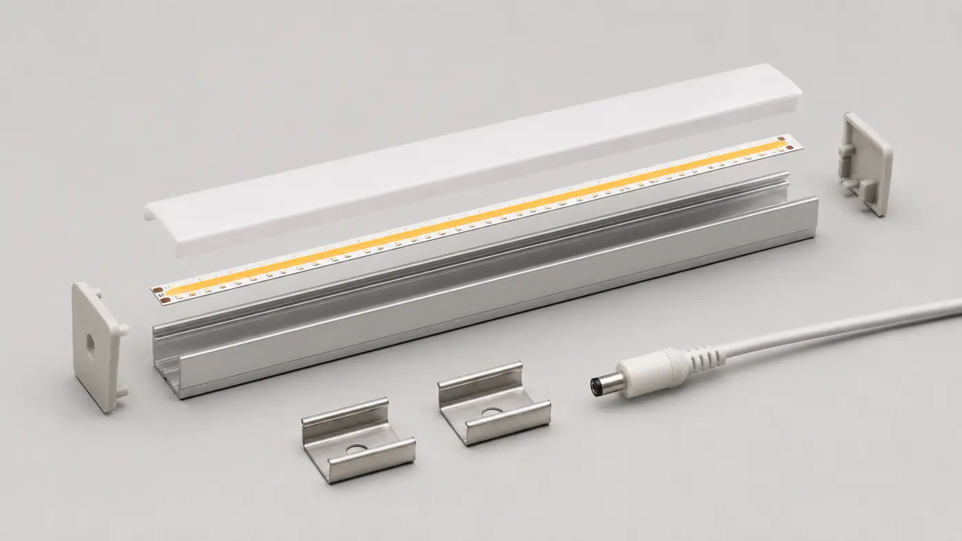 Cấu tạo hệ thanh nhôm đèn LED gồm thân nhôm, LED dây và mặt tán quang