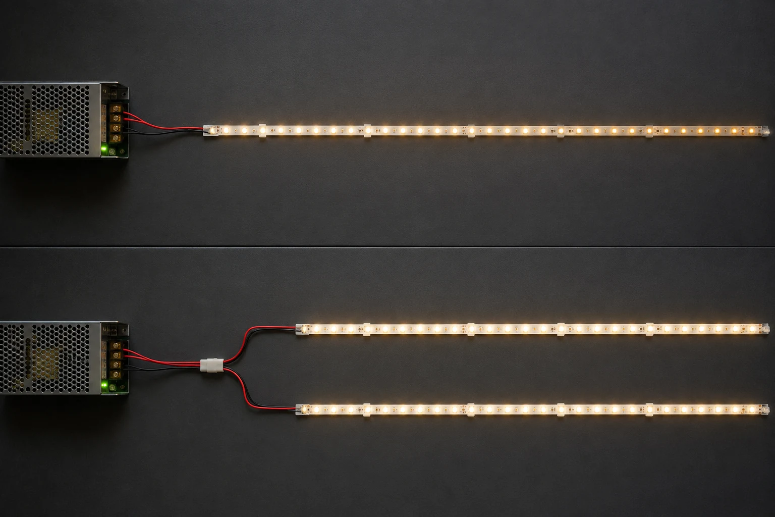 So sánh một tuyến LED dây dài cấp điện một đầu với hai nhánh LED cấp điện song song