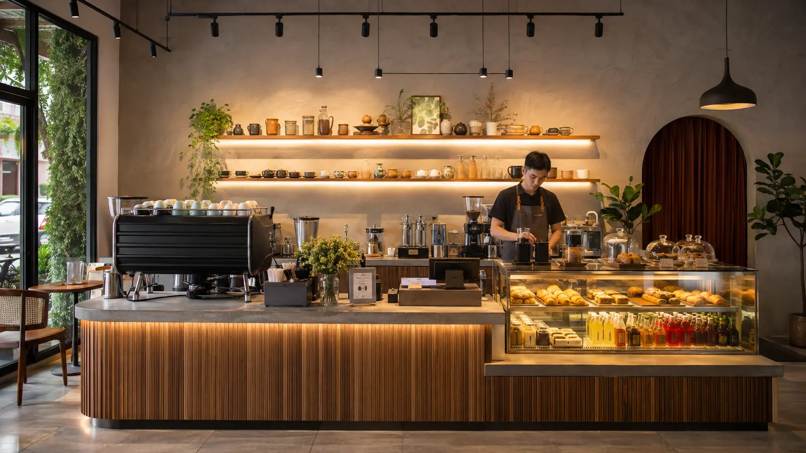 Quầy pha chế và bánh được chiếu sáng rõ, màu tự nhiên