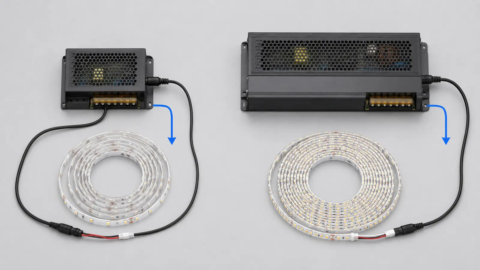 So sánh bộ nguồn 12V cho LED dây 120 chip 10W/m và 168 chip 16W/m