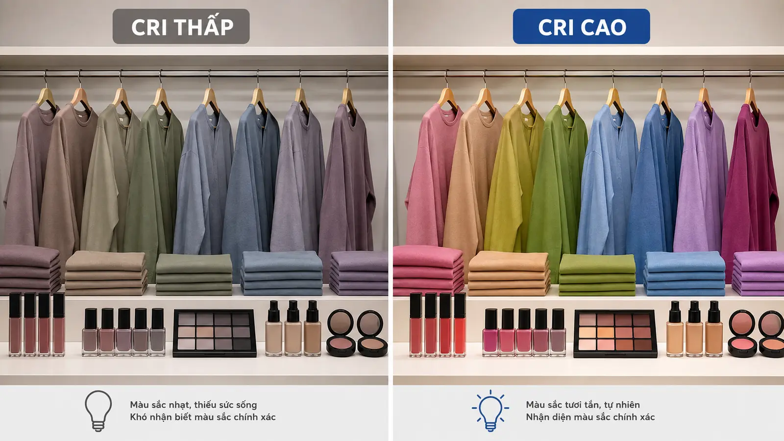 So sánh màu sản phẩm dưới CRI thấp và CRI cao
