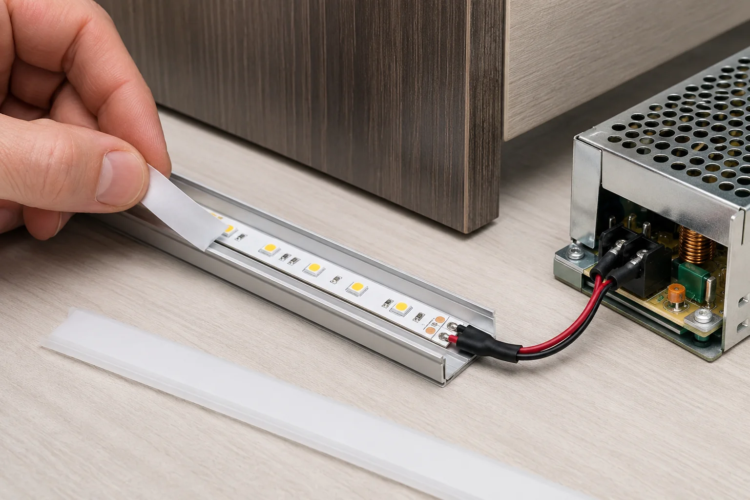 Dán LED dây vào lòng thanh nhôm và đấu dây với nguồn DC