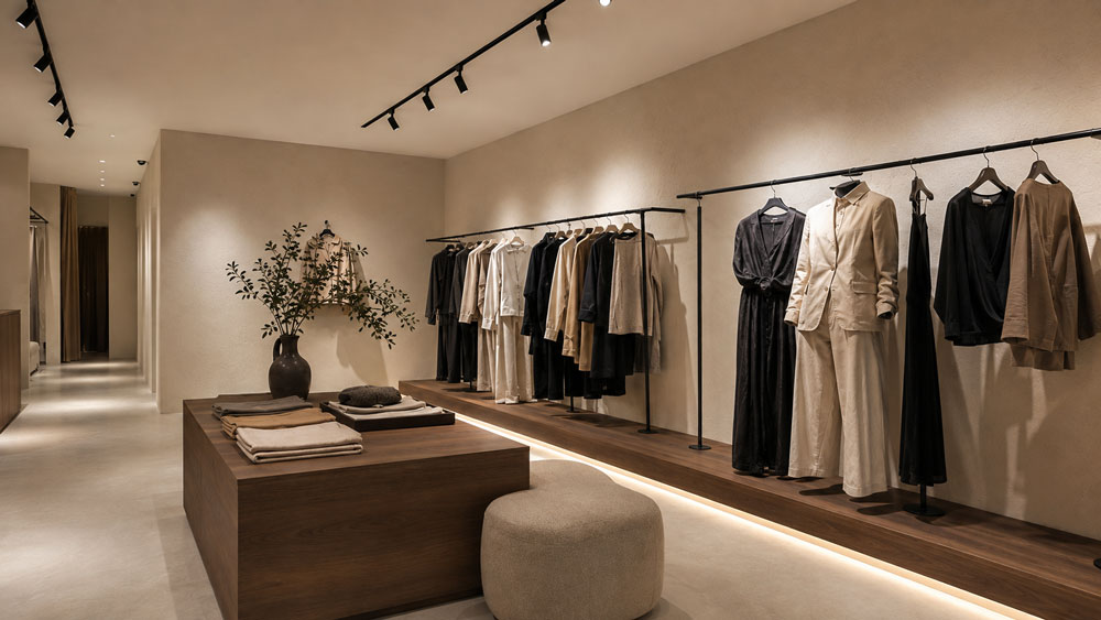 Đèn chiếu điểm làm nổi bật kệ quần áo và bàn trưng bày showroom