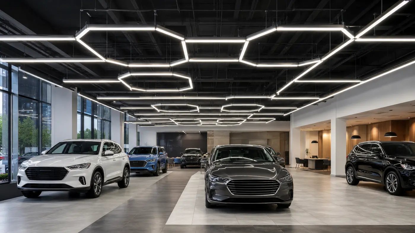 Bộ đèn LED thả trần hình lục giác trong showroom ô tô hiện đại