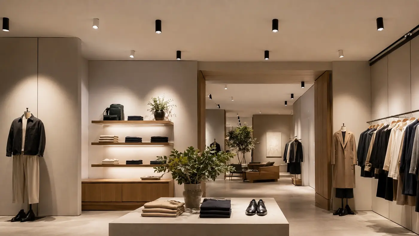 Đèn ốp trần gập xoay chiếu sáng sản phẩm trong showroom thời trang