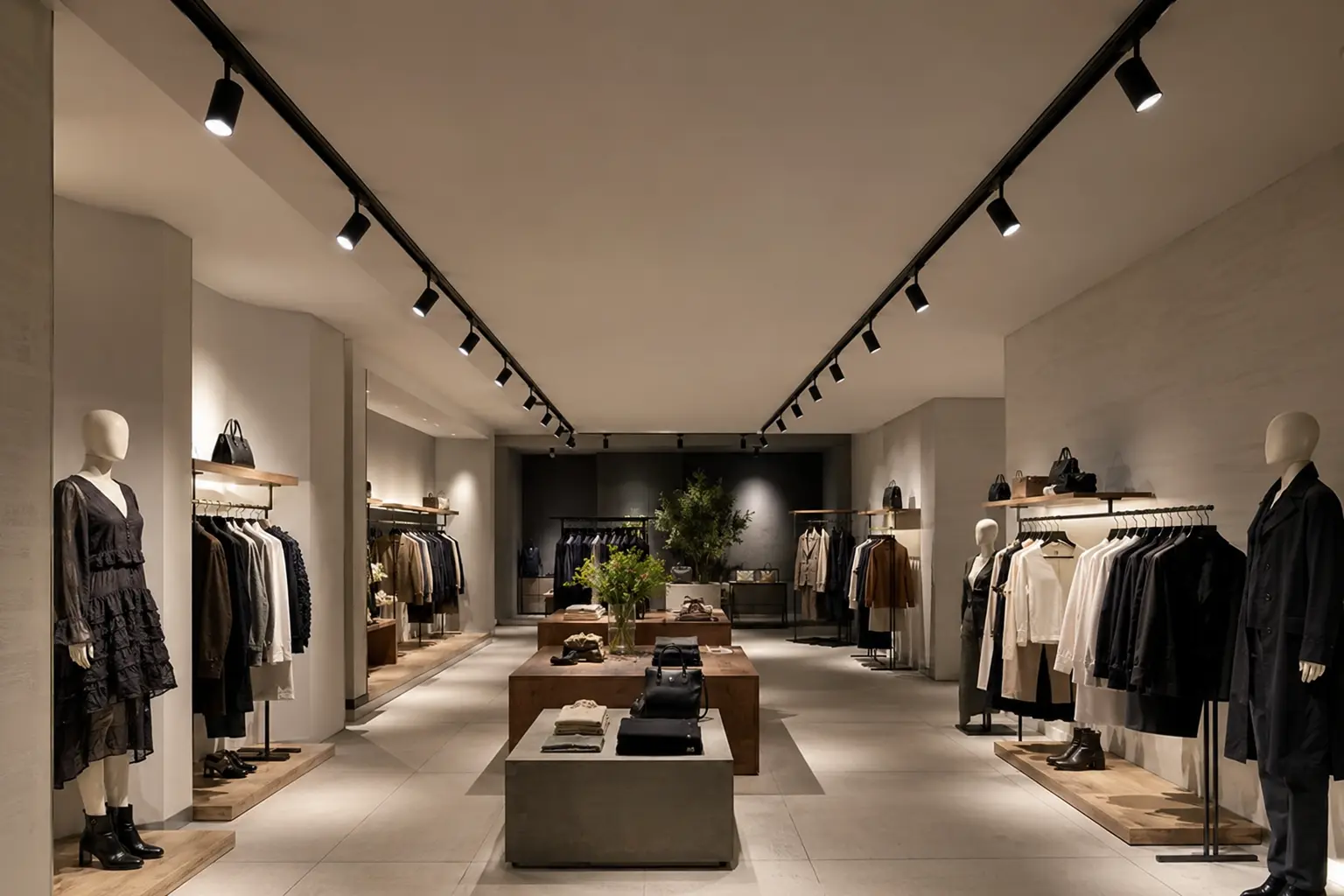 Đèn rọi ray T2 chiếu sản phẩm trong cửa hàng thời trang và showroom