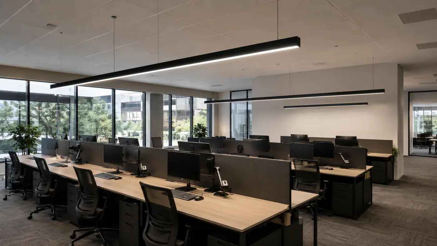 Đèn LED thả tuyến tính bố trí theo dãy bàn làm việc văn phòng
