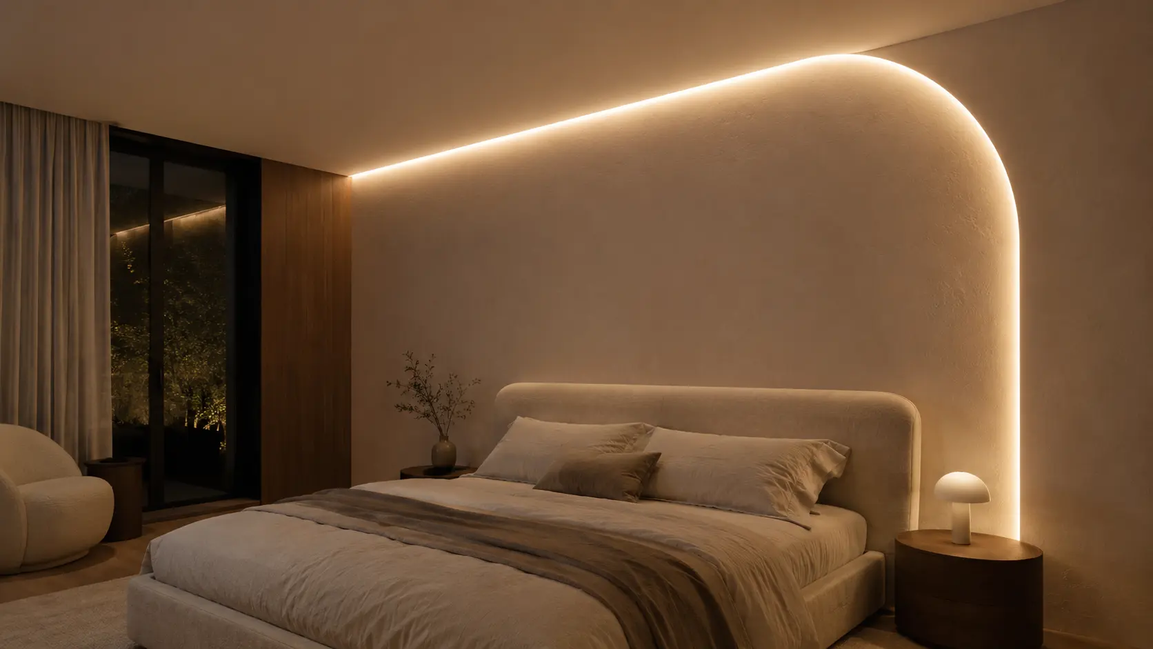 Đường LED cong chuyển tiếp từ trần xuống tường đầu giường phòng ngủ
