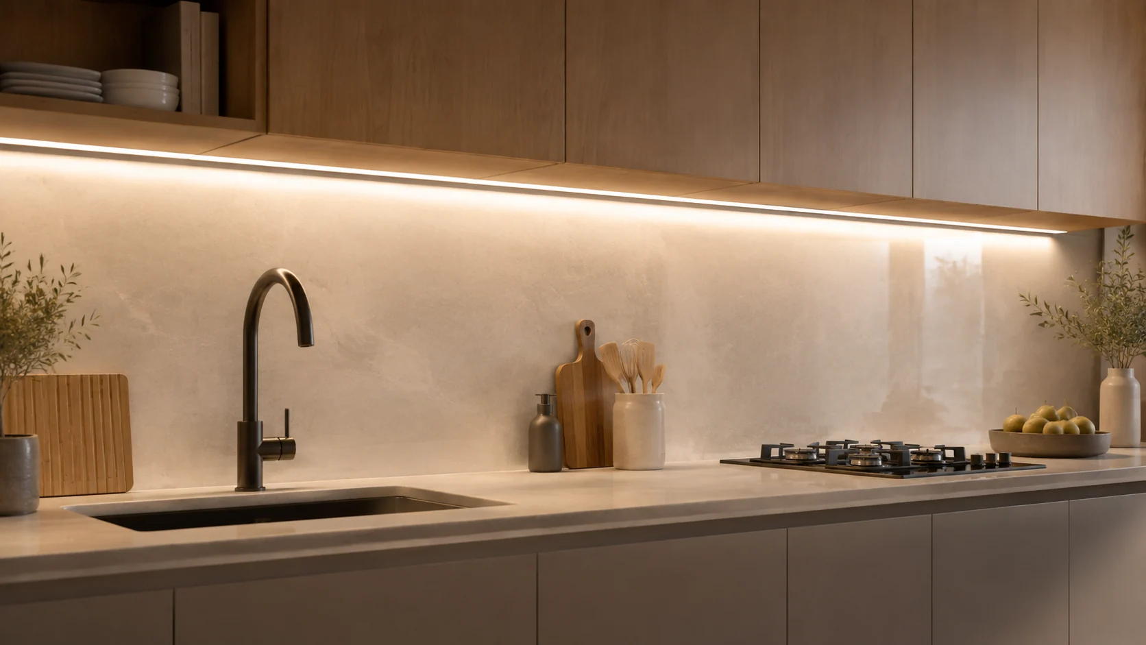 Dải LED liên tục dưới tủ trên chiếu đều chậu rửa, bàn sơ chế và khu vực bếp nấu