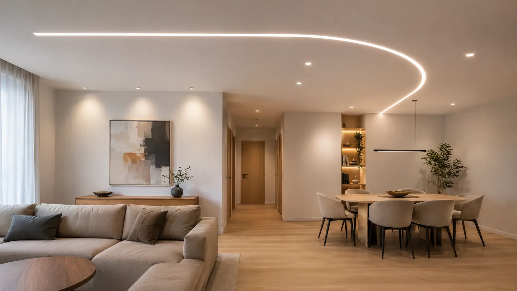 Đường sáng LED thẳng kết hợp đường cong nối phòng khách với bàn ăn