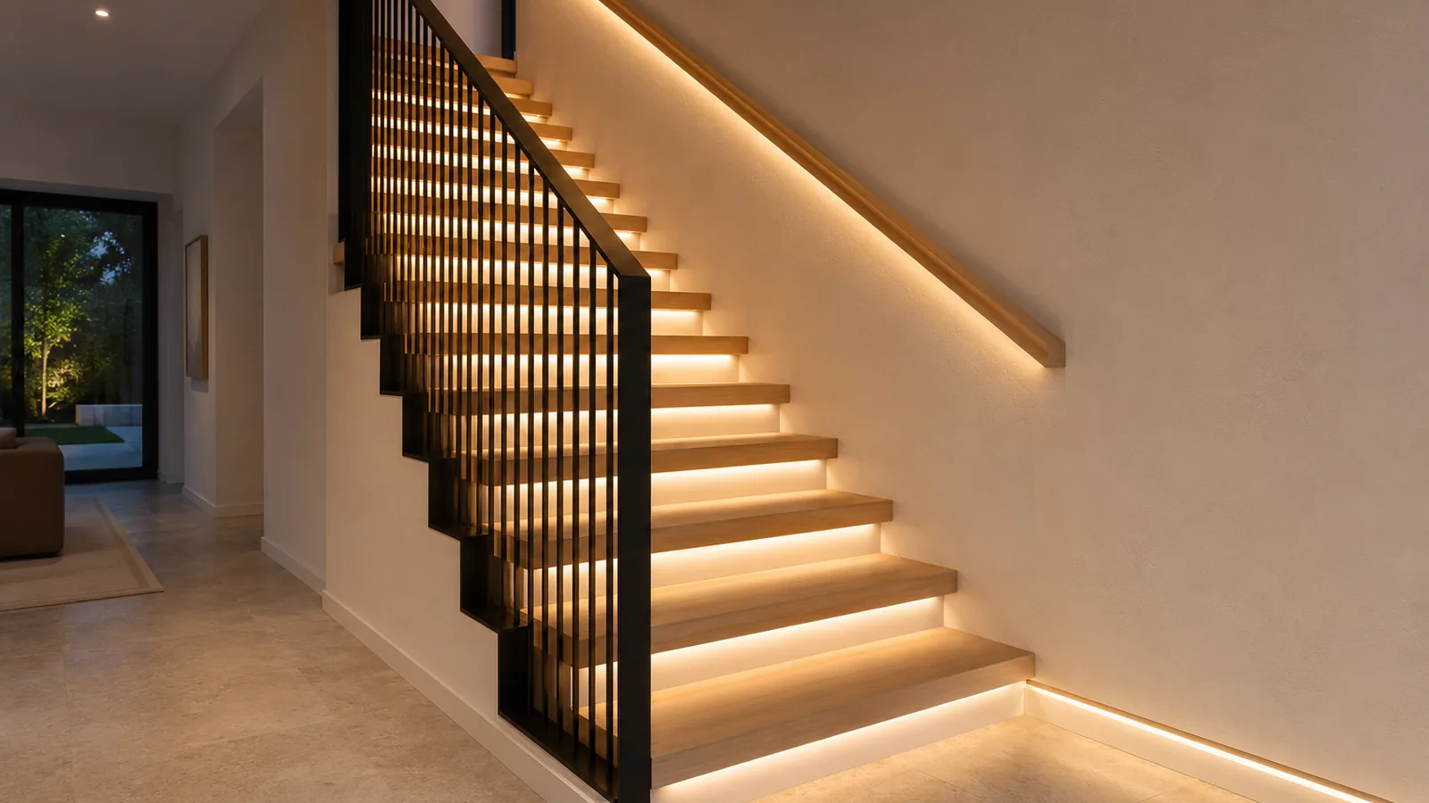 Đường sáng LED bậc cầu thang và tay vịn