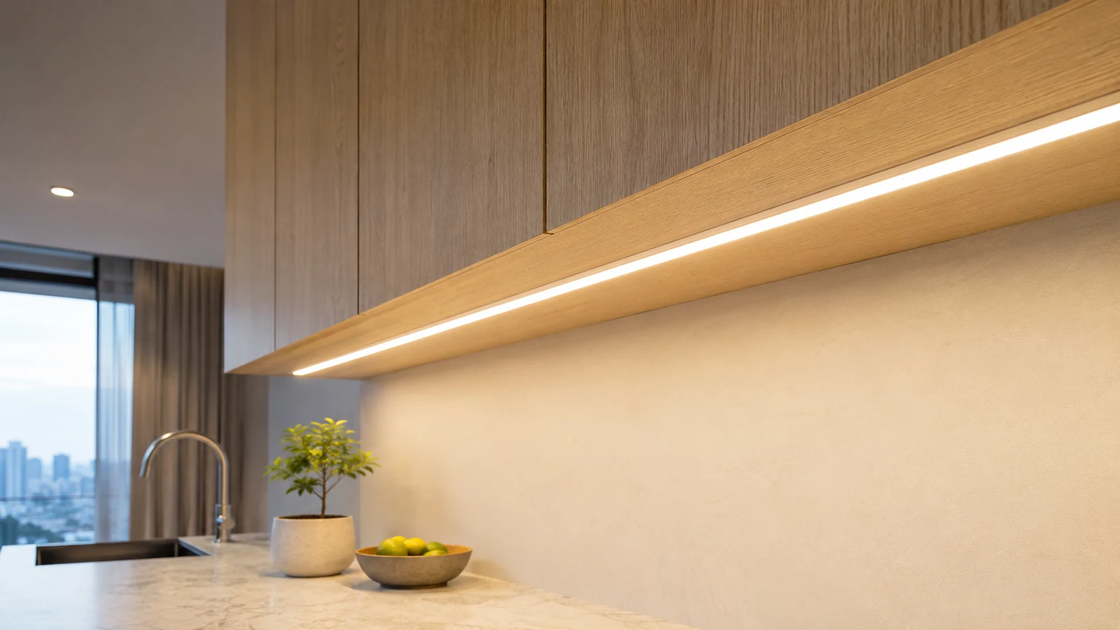 Đường sáng LED liền mạch dưới tủ bếp
