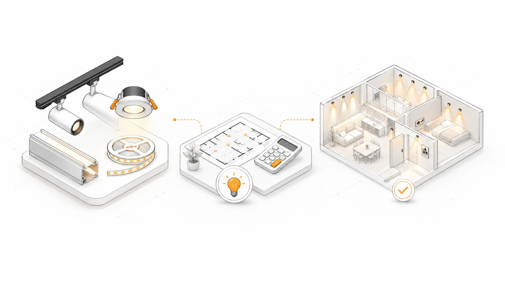 Minh họa giới thiệu MIULED với sản phẩm đèn LED, tư vấn mặt bằng và giải pháp chiếu sáng nhà ở.