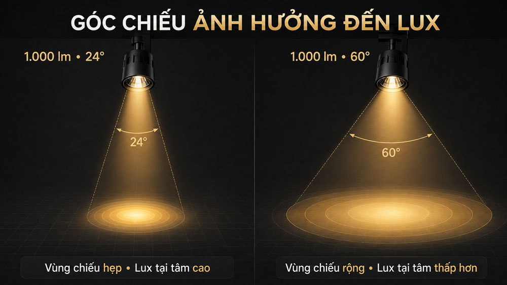 o sánh Lux của đèn LED góc chiếu 24 và 60 độ
