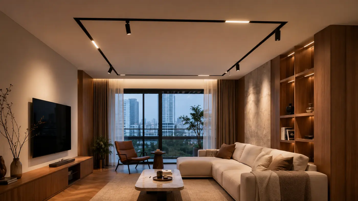 Hệ đèn ray nam châm 48V kết hợp đèn tán quang và spotlight trong phòng khách