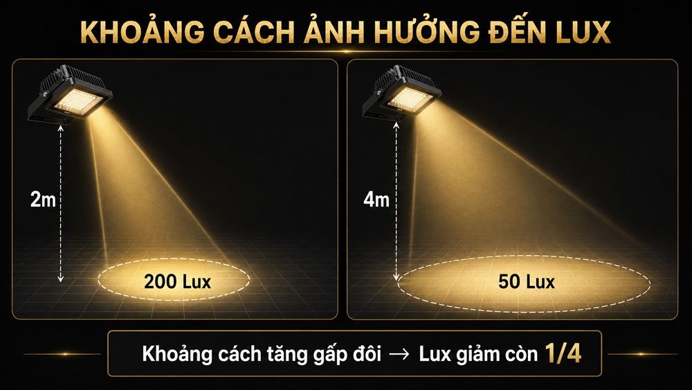 Khoảng cách từ đèn đến bề mặt ảnh hưởng đến Lux