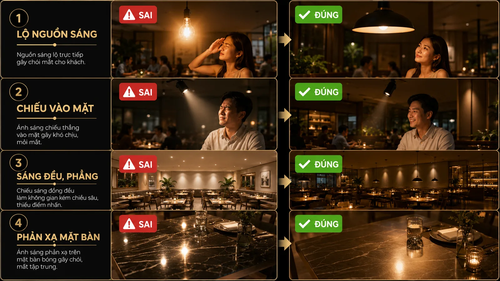 So sánh kịch bản ánh sáng nhà hàng buổi trưa và buổi tối