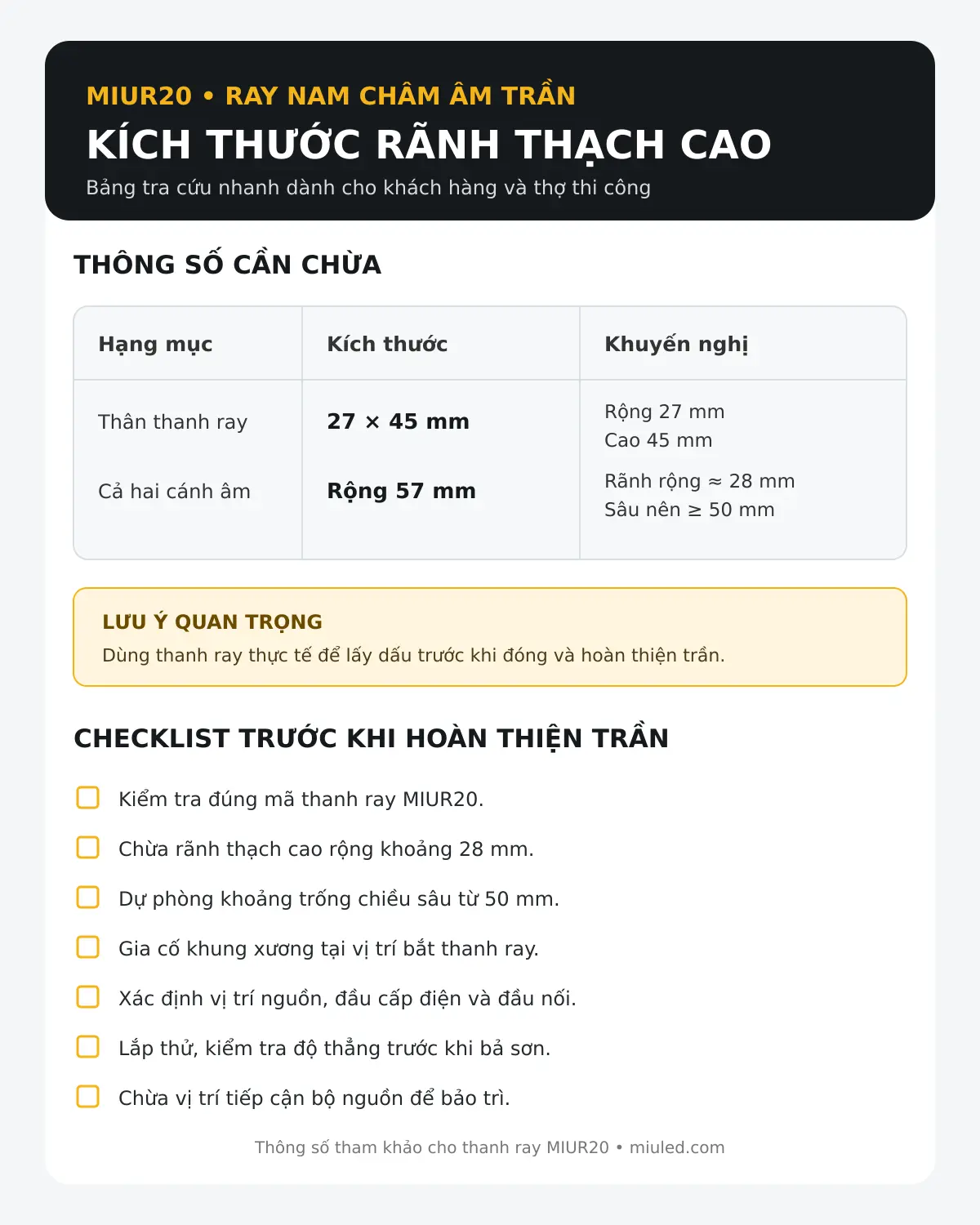 Kích thước rãnh thạch cao lắp thanh ray nam châm âm trần MIUR20
