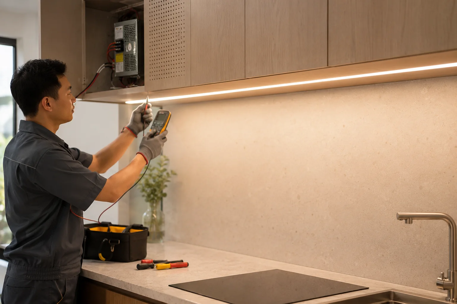 Kiểm tra đường sáng thanh nhôm LED âm dưới tủ bếp sau lắp đặt