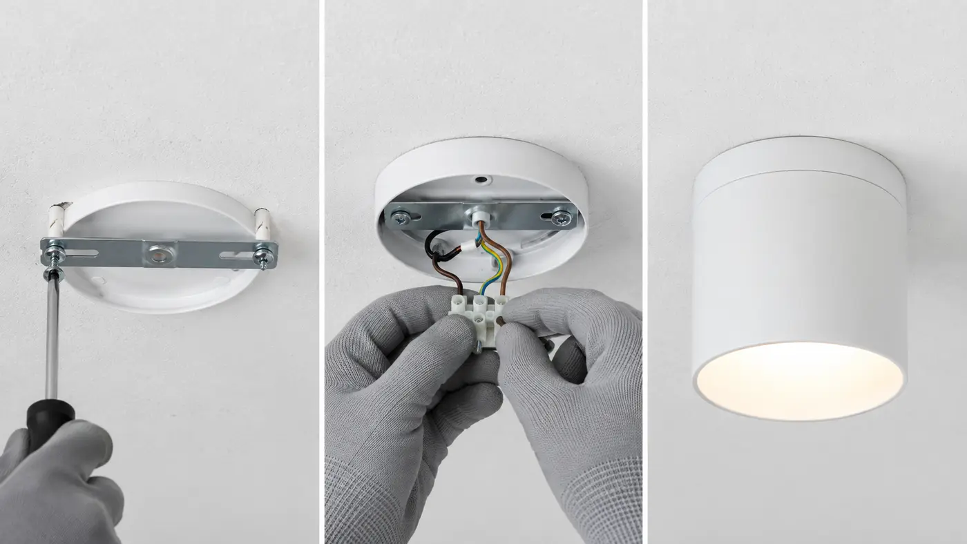 Các bước lắp đế đấu dây và cố định đèn ốp trần bê tông